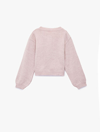 Uzun Kollu Bisiklet Yaka Çiçek Nakış Detaylı Triko Hırka