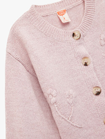 Uzun Kollu Bisiklet Yaka Çiçek Nakış Detaylı Triko Hırka