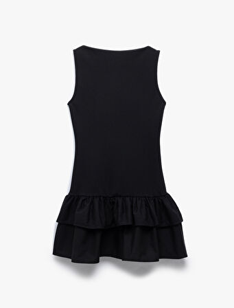 Slim Fit Kat Kat Fırfırlı Volanlı Kayık Yaka Kolsuz Mini Elbise