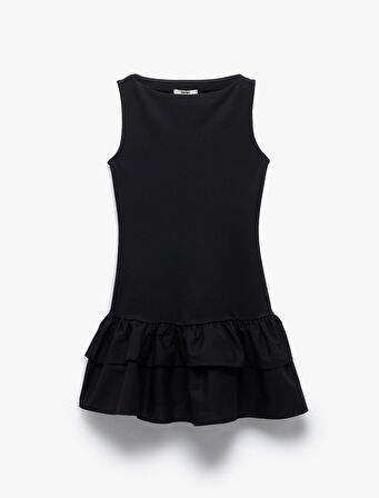 Slim Fit Kat Kat Fırfırlı Volanlı Kayık Yaka Kolsuz Mini Elbise