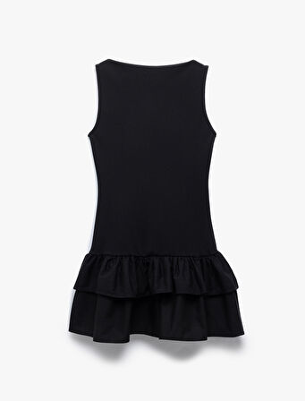 Slim Fit Kat Kat Fırfırlı Volanlı Kayık Yaka Kolsuz Mini Elbise