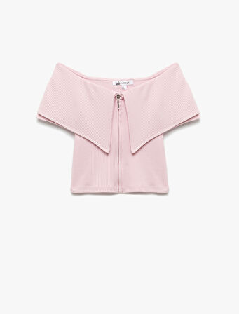 Viskon Dar Kesim Omzu Açık Yaka Detaylı Kısa Kollu Fermuarlı Tişört