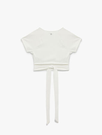 Slim Fit Kısa Kollu Bisiklet Yaka Crop Bağlama Detaylı Spor Tişört