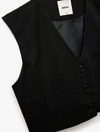 Düğmeli V Yaka Kolsuz Crop Blazer Yelek