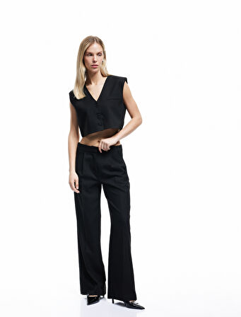Düğmeli V Yaka Kolsuz Crop Blazer Yelek