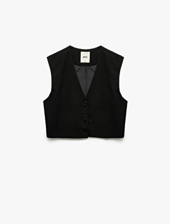 Düğmeli V Yaka Kolsuz Crop Blazer Yelek