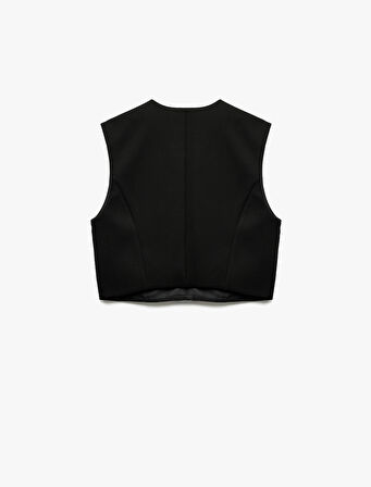 Düğmeli V Yaka Kolsuz Crop Blazer Yelek