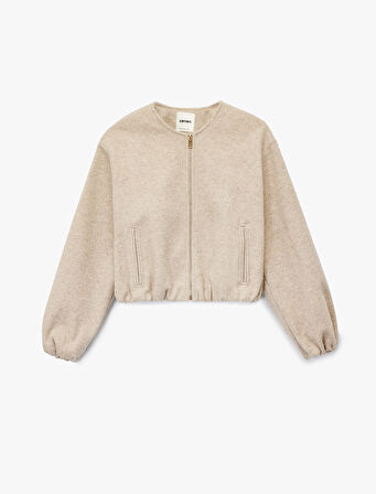 Fermuarlı Bisiklet Yaka Uzun Kollu Crop Kaşe Kolej Bomber Ceket