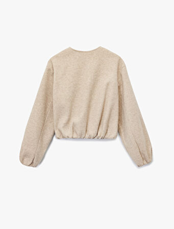 Fermuarlı Bisiklet Yaka Uzun Kollu Crop Kaşe Kolej Bomber Ceket