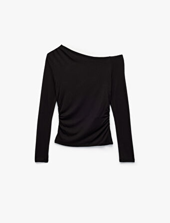 Slim Fit Omzu Açık Uzun Kollu Viskon Drapeli Tişört