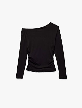 Slim Fit Omzu Açık Uzun Kollu Viskon Drapeli Tişört