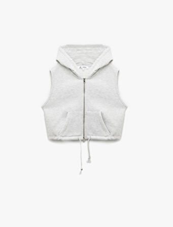 Kapüşonlu Kolsuz Kanguru Cepli Şardonlu Fermuarlı Sweatshirt