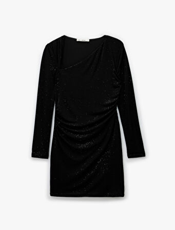 Asimetrik Yaka Uzun Kollu Simli Drapeli Mini Elbise