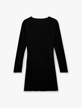 Asimetrik Yaka Uzun Kollu Simli Drapeli Mini Elbise