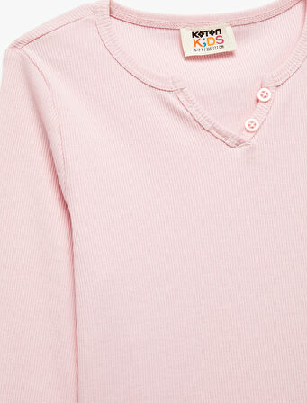 Düğme Detaylı Uzun Kollu V yaka Tişört