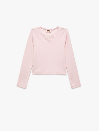 Düğme Detaylı Uzun Kollu V yaka Tişört