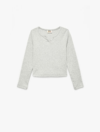 Düğme Detaylı Uzun Kollu V yaka Tişört