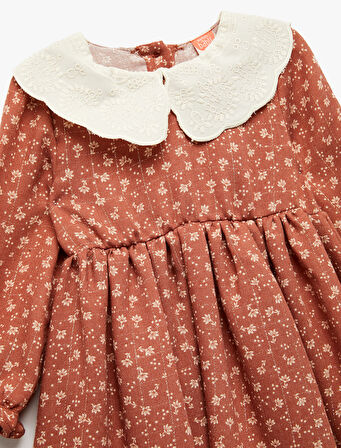 Viskon Karışımlı Uzun Kollu Çiçekli Bebe Yaka Elbise