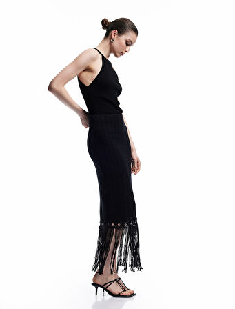 Standart Bel Pamuklu Püsküllü Midi Kalem Etek