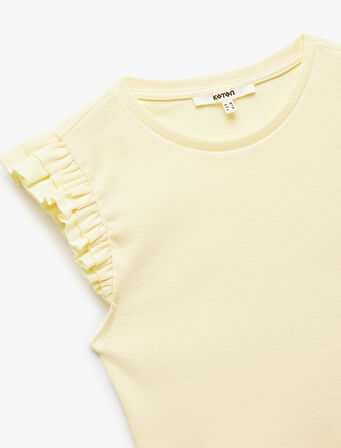 Pamuklu Bisiklet Yaka Slim Fit Fırfırlı Kolsuz Tişört