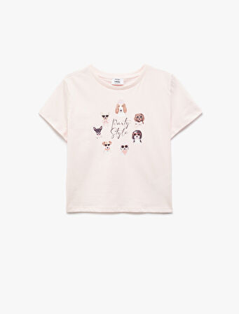 Köpek Baskılı Pamuklu Crop Tişört