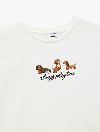 Nakış Detaylı Kısa Kollu Bisiklet Yaka Pamuklu Crop Tişört