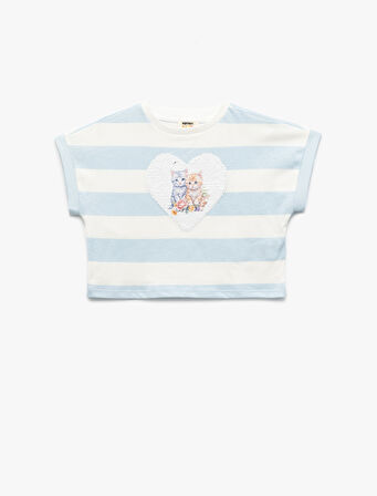 Pullu Payetli Bisiklet Yaka Kısa Kollu Pamuklu Tişört