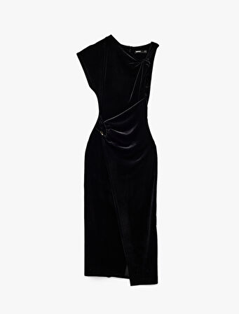  Slim Fit Asimetrik Yaka Düğüm Detaylı Kruvaze Kadife Elbise