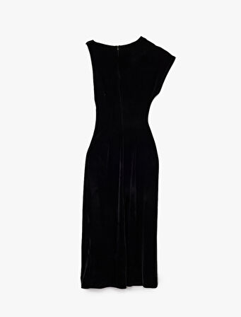  Slim Fit Asimetrik Yaka Düğüm Detaylı Kruvaze Kadife Elbise