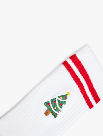 Çizgili Yılbaşı Ağacı Baskılı Tenis Çorabı