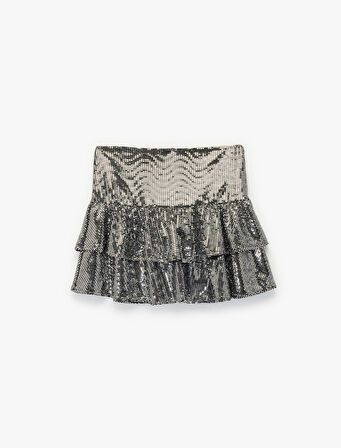 Pullu Payetli Yüksek Bel Katlı Volanlı Mini Etek