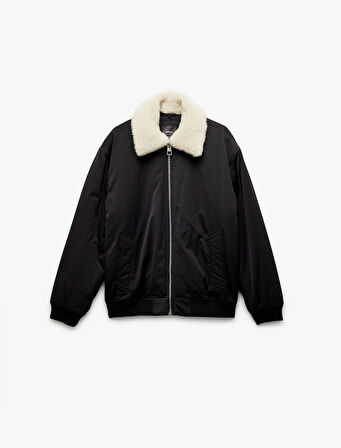 Uzun Kollu Cep Detaylı Fermuarlı Peluş Yaka Kışlık Şişme Mont