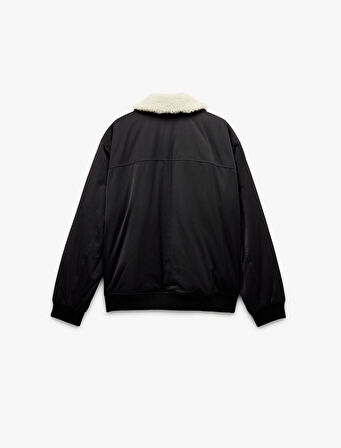 Uzun Kollu Cep Detaylı Fermuarlı Peluş Yaka Kışlık Şişme Mont