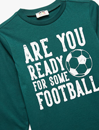 Pamuklu Bisiklet Yaka Futbol Baskılı Uzun Kollu Tişört