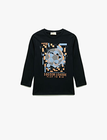 Pamuklu Uzun Kollu Bisiklet Yaka Baskılı Tişört