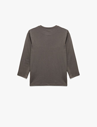 Dinozor Baskılı Uzun Kollu Bisiklet Yaka Pamuklu Tişört