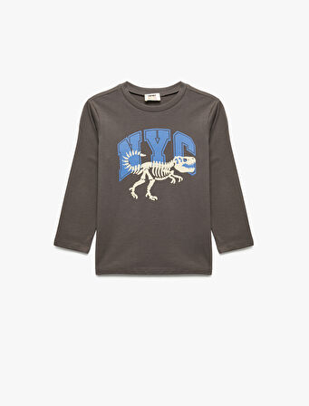 Dinozor Baskılı Uzun Kollu Bisiklet Yaka Pamuklu Tişört