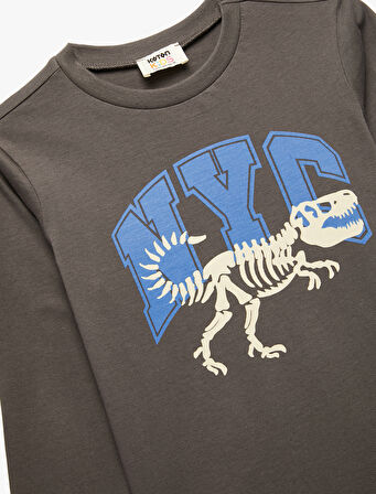 Dinozor Baskılı Uzun Kollu Bisiklet Yaka Pamuklu Tişört