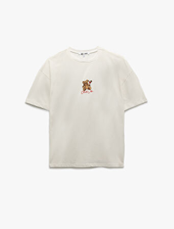 Ayıcık Nakış Detaylı Pamuklu Bisiklet Yaka Kısa Kollu Oversize Tişört