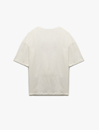 Ayıcık Nakış Detaylı Pamuklu Bisiklet Yaka Kısa Kollu Oversize Tişört