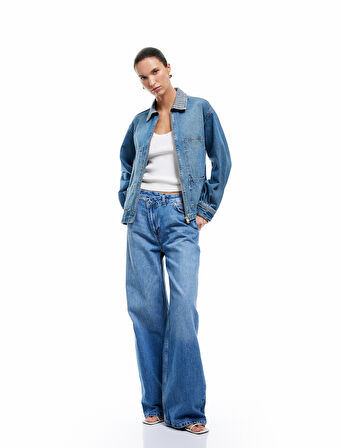 Bol Paça Cepli Düğmeli Jean Pantolon - Loose Straight Fit Jean