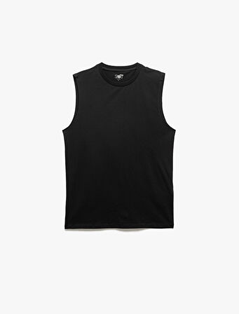 Pamuklu Bisiklet Yaka Arkası Baskılı Oversize Spor Kolsuz Tişört