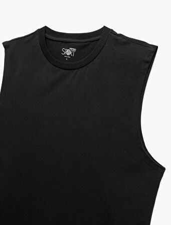 Pamuklu Bisiklet Yaka Arkası Baskılı Oversize Spor Kolsuz Tişört