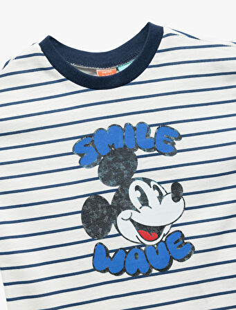 Kısa Kollu Bisiklet Yaka Pamuklu Çizgili Lisanslı Mickey Mouse Tişört