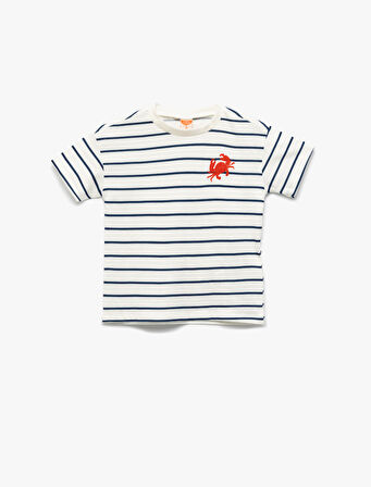 Yengeç Nakış Detaylı Kısa Kollu Bisiklet Yaka Pamuklu Tişört