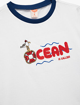 Pamuklu Bisiklet Yaka İşlemeli Kısa Kollu Tişört