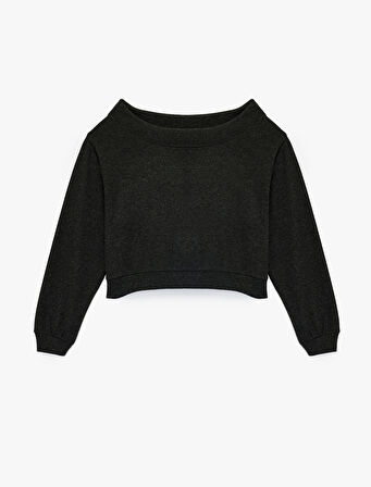 Viskon Karışımlı Rahat Kalıp Uzun Kollu Crop Omzu Açık Tişört