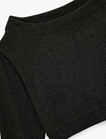 Viskon Karışımlı Rahat Kalıp Uzun Kollu Crop Omzu Açık Tişört