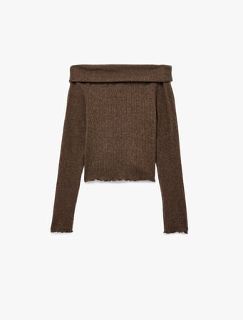 Kaşkorse Omzu Açık Slim Fit Uzun Kollu Tişört
