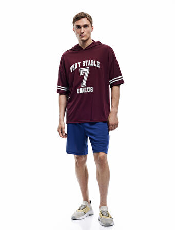 Kapşonlu Yarım Kollu Baskılı Oversize Spor Tişört